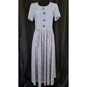 Vtg 90s blue floral Tie Back midi Dress Cottage Prarie Modest romantic Sz S